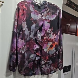 Christopher & Banks Floral Ruffle Blouse - Purple and Black